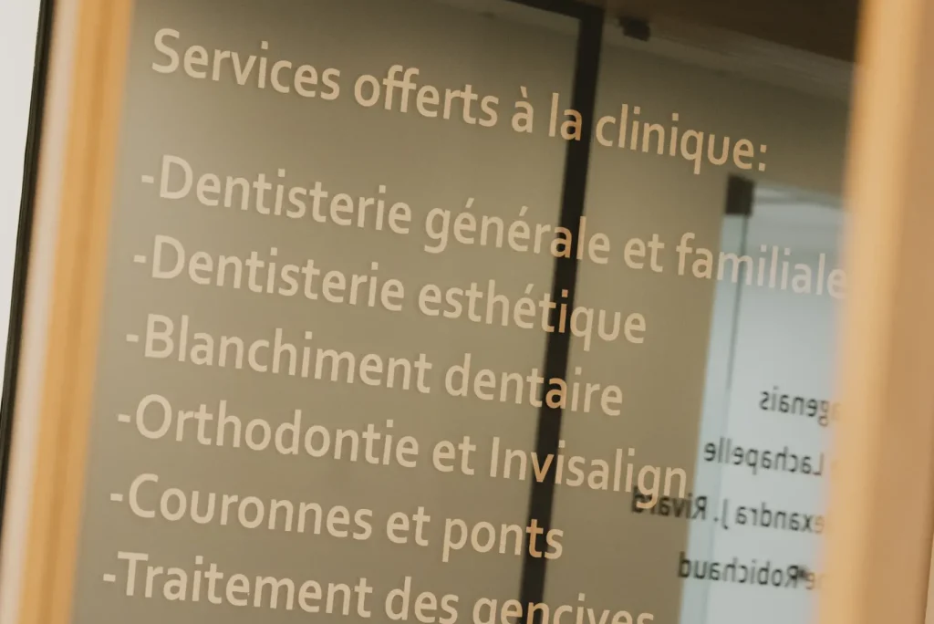 Affichage des services dentaires offerts au Centre dentaire Boucherville